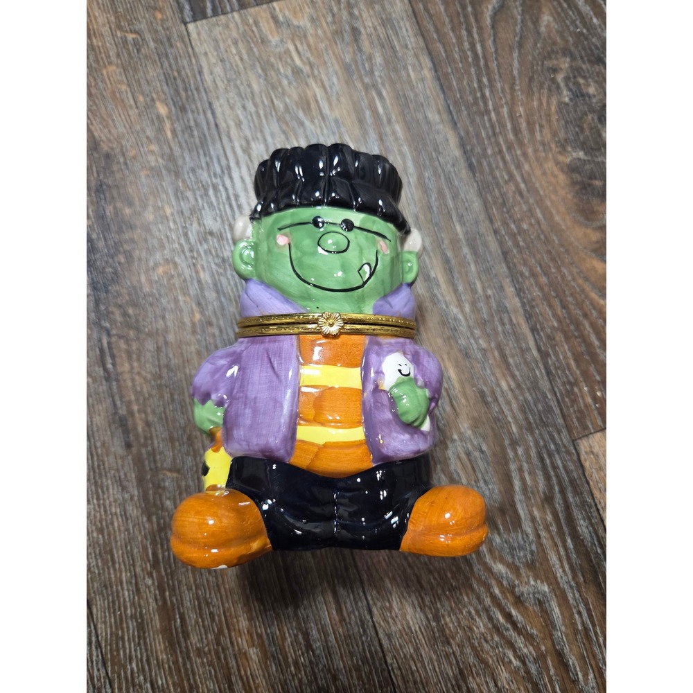 Vintage 1999 WCL Frankenstein Ceramic Hinged Trinket Box Halloween Decor Green